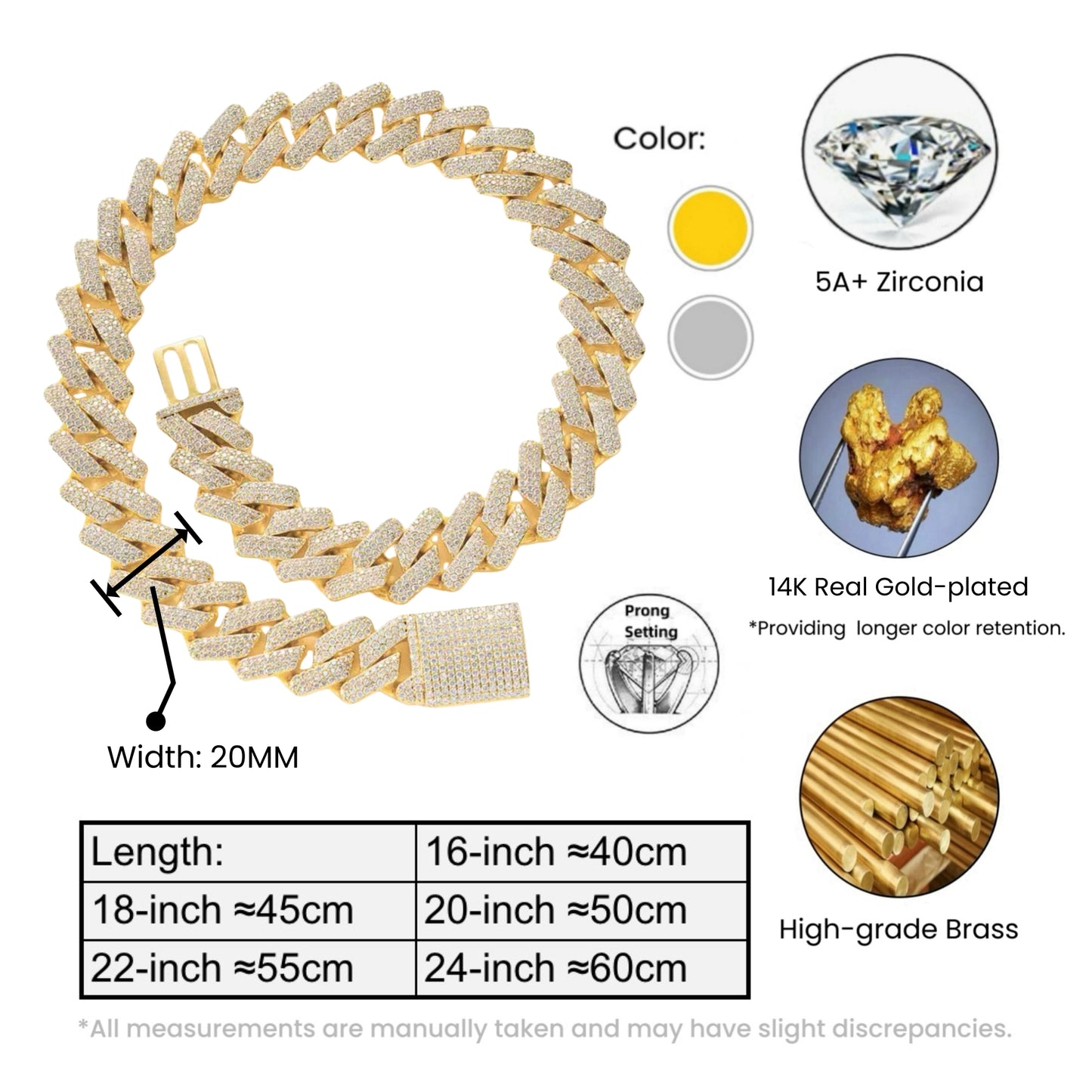 Premium brass construction with durable 14K gold plating