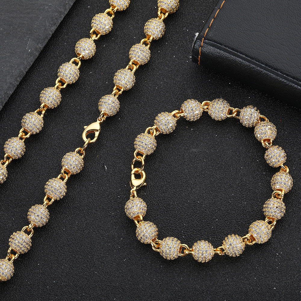 14K Plating Iced Out CZ Diamond 8mm Ball Chain Urban Fashion Necklace