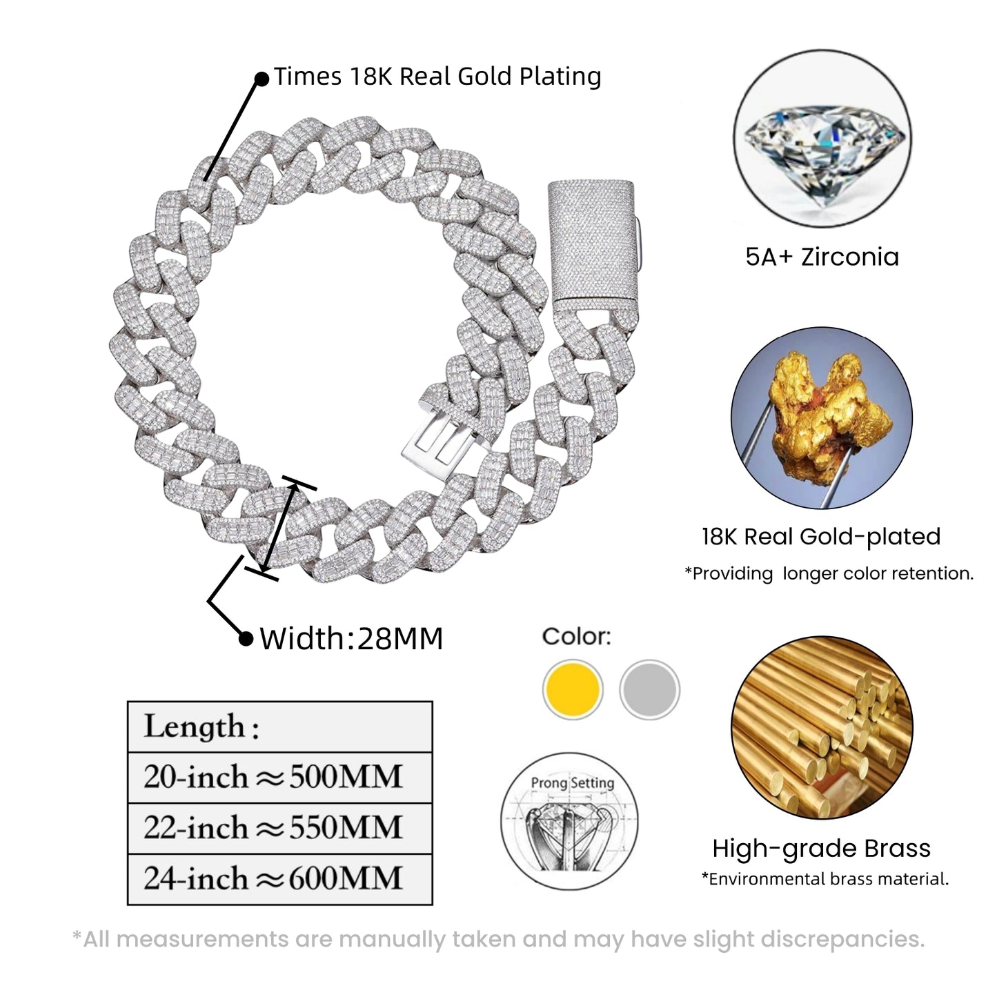 ICEDIAMOND 28mm Luxury Iced Out Cuban Link Chain, Mix-pave Baguette CZ Bling Diamond Men's Gold Plated Hip Hop Chain Necklace