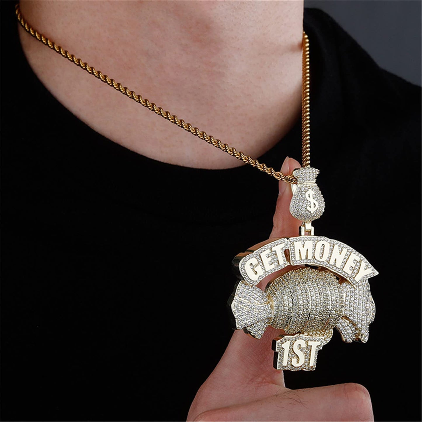 Iced Out Creative Get Money 1ST Inspiring Pendant Chain Necklace