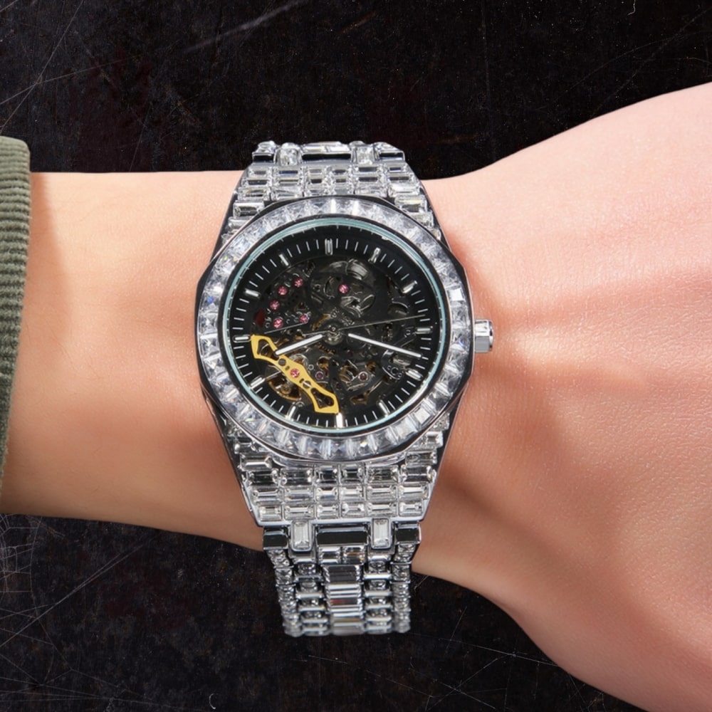39MM Openwork Mechanical Iced Out Baguette CZ Diamond Watch