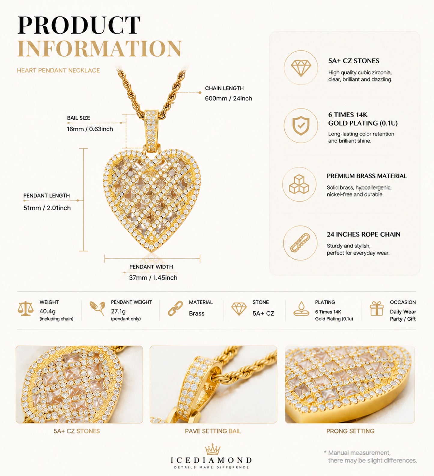 ALL IN heart pendant size guide showing 51 by 37 mm pendant and 24-inch rope chain