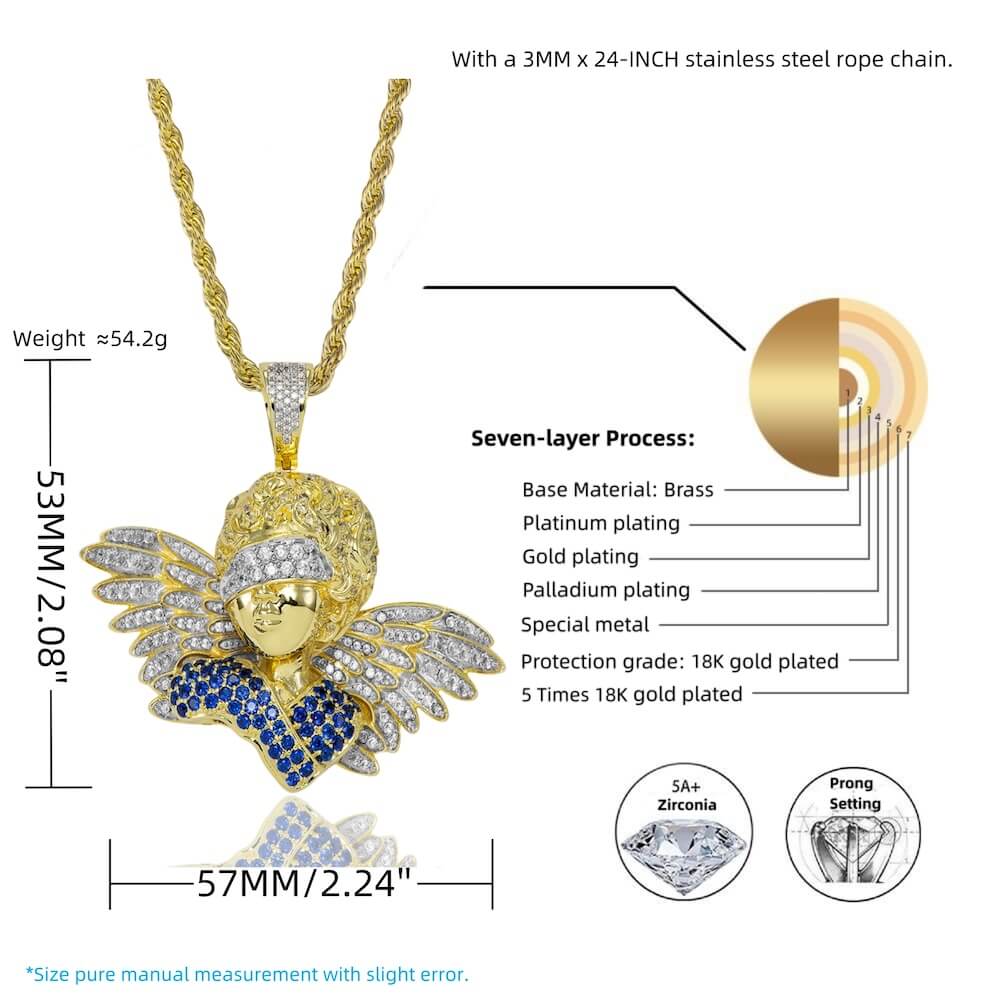 18K Gold Plated Blindfold Angel Pendant Necklace-Rapper Iced Out Jewelry for Unisex