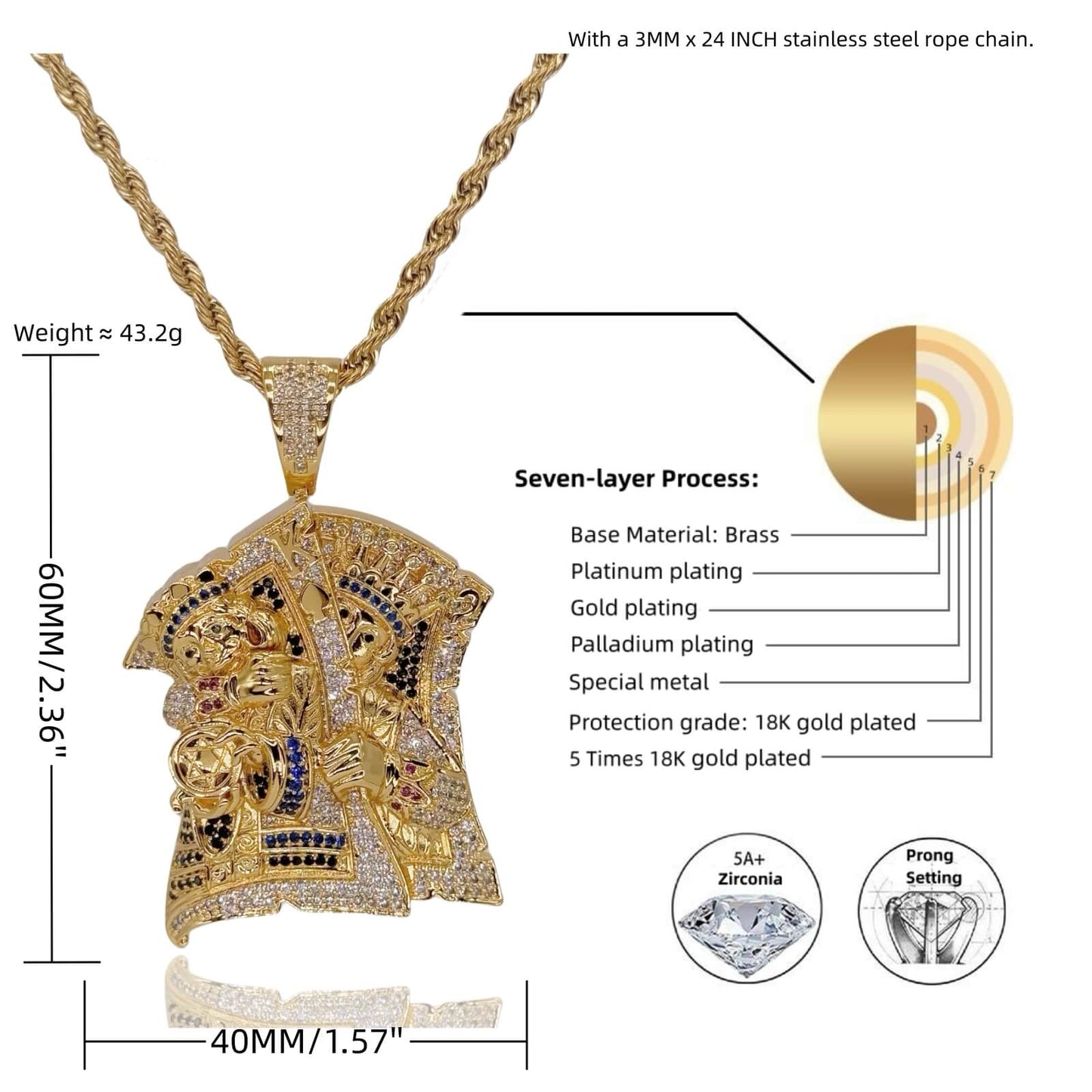 Size guide showing the dimensions of the PLAY DIFFERENT playing card pendant necklace.