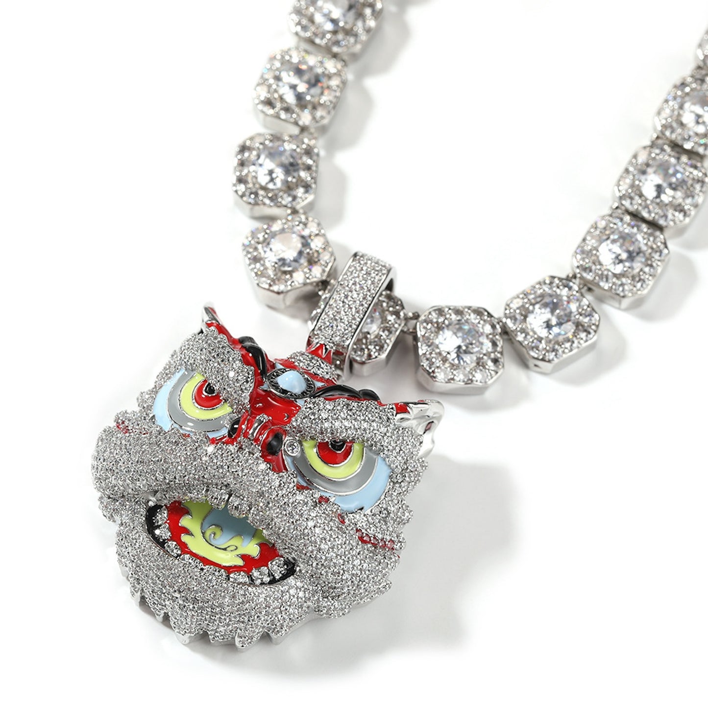 ICEDIAMOND 14K Iced Out Awake Lion CZ Diamond Pendant Franco Chain Necklace