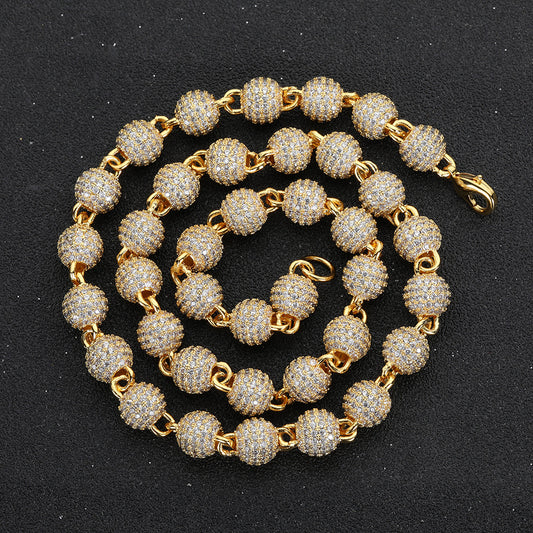 14K Plating Iced Out CZ Diamond 8mm Ball Chain Urban Fashion Necklace
