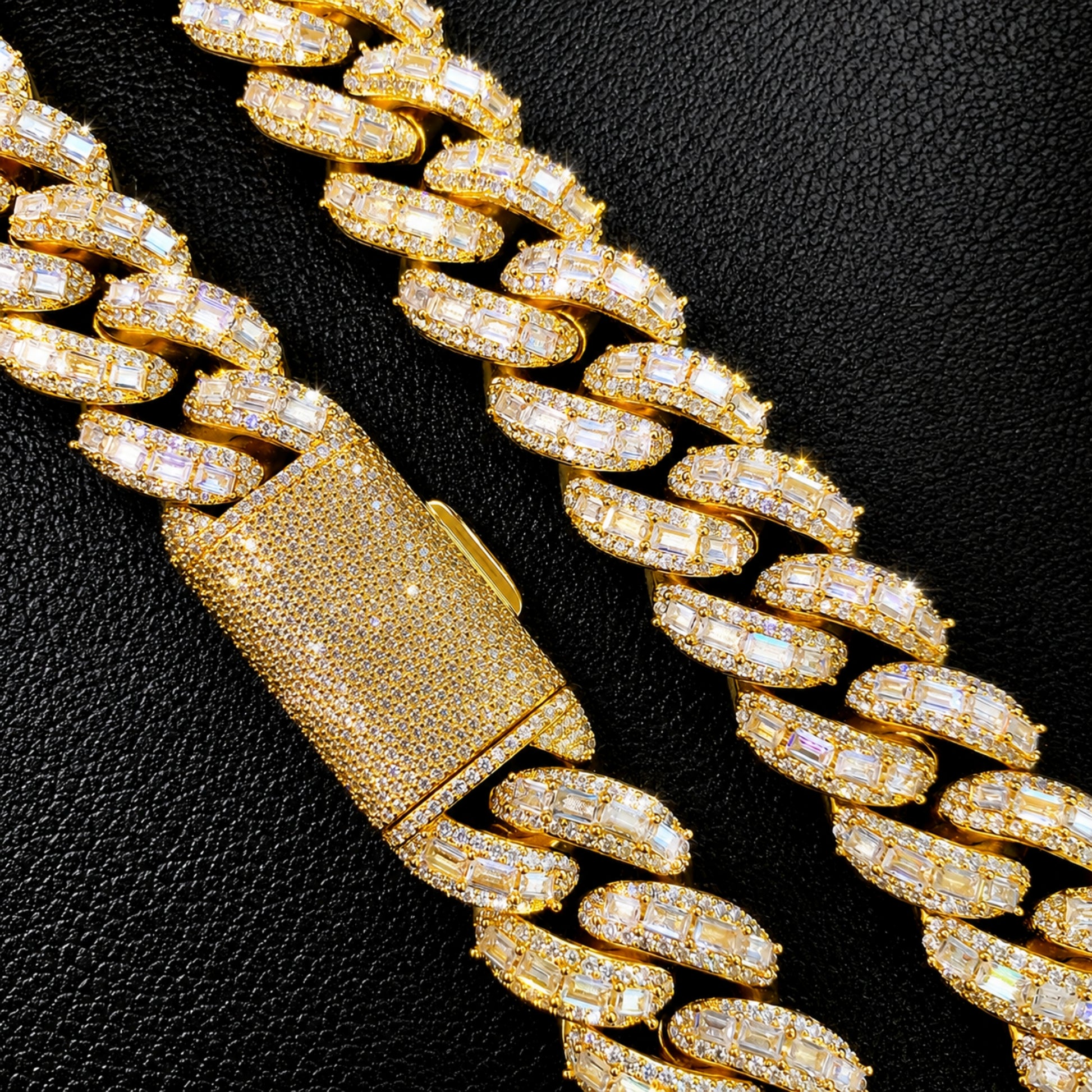 Close-up of tapered baguette and round 5A cubic zirconia on a 28mm Cuban chain
