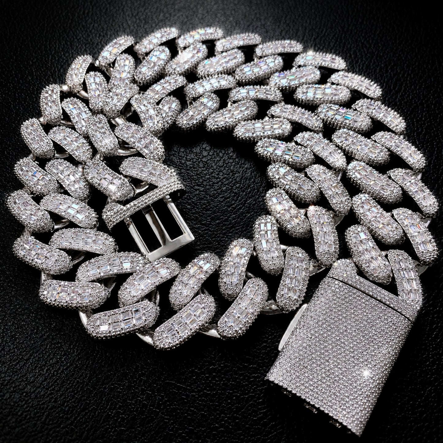 18K white gold plated Cuban chain with hand-set tapered baguette stones

