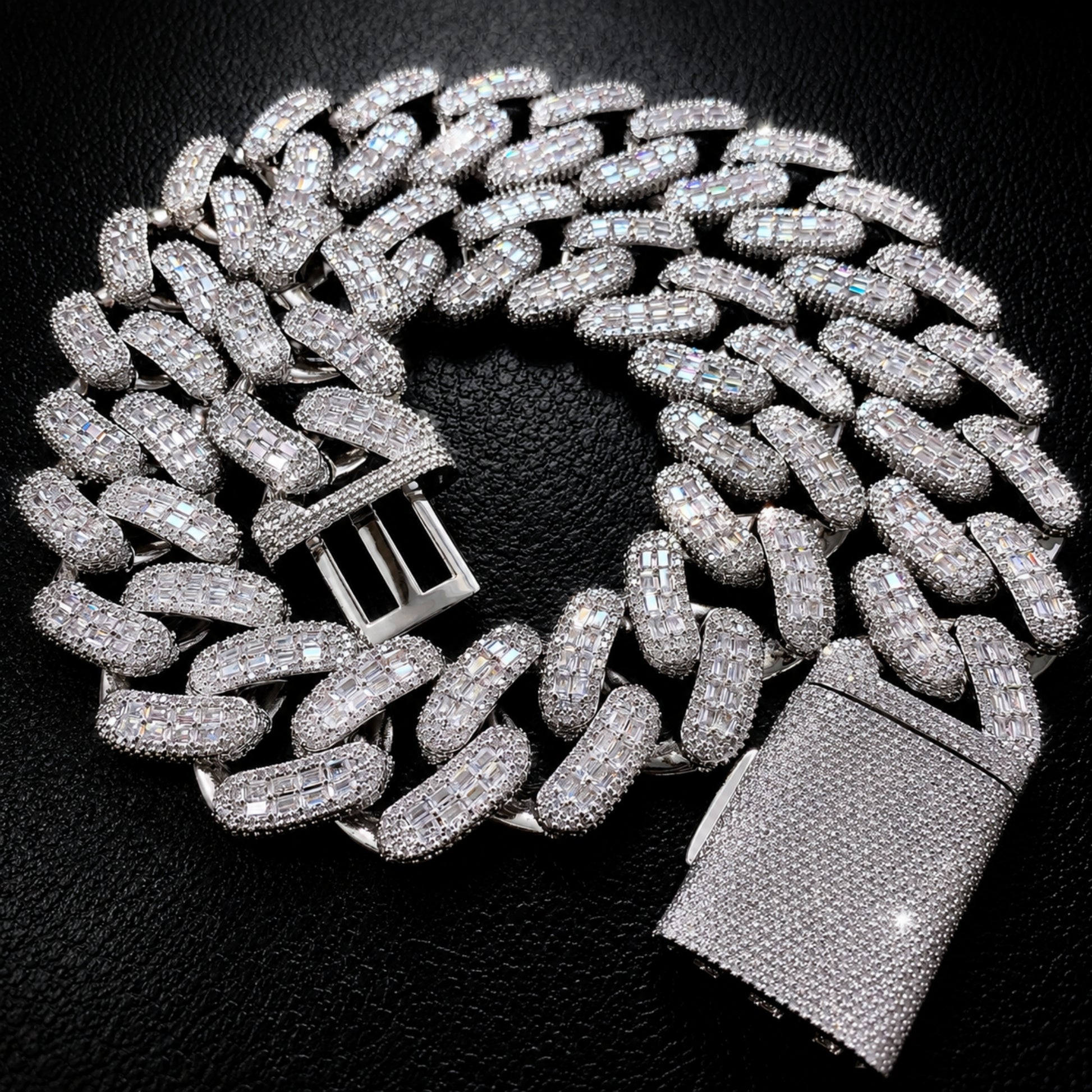 18K white gold plated Cuban chain with hand-set tapered baguette stones
