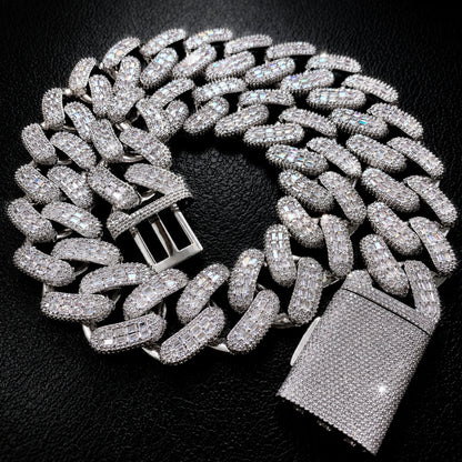 18K white gold plated Cuban chain with hand-set tapered baguette stones
