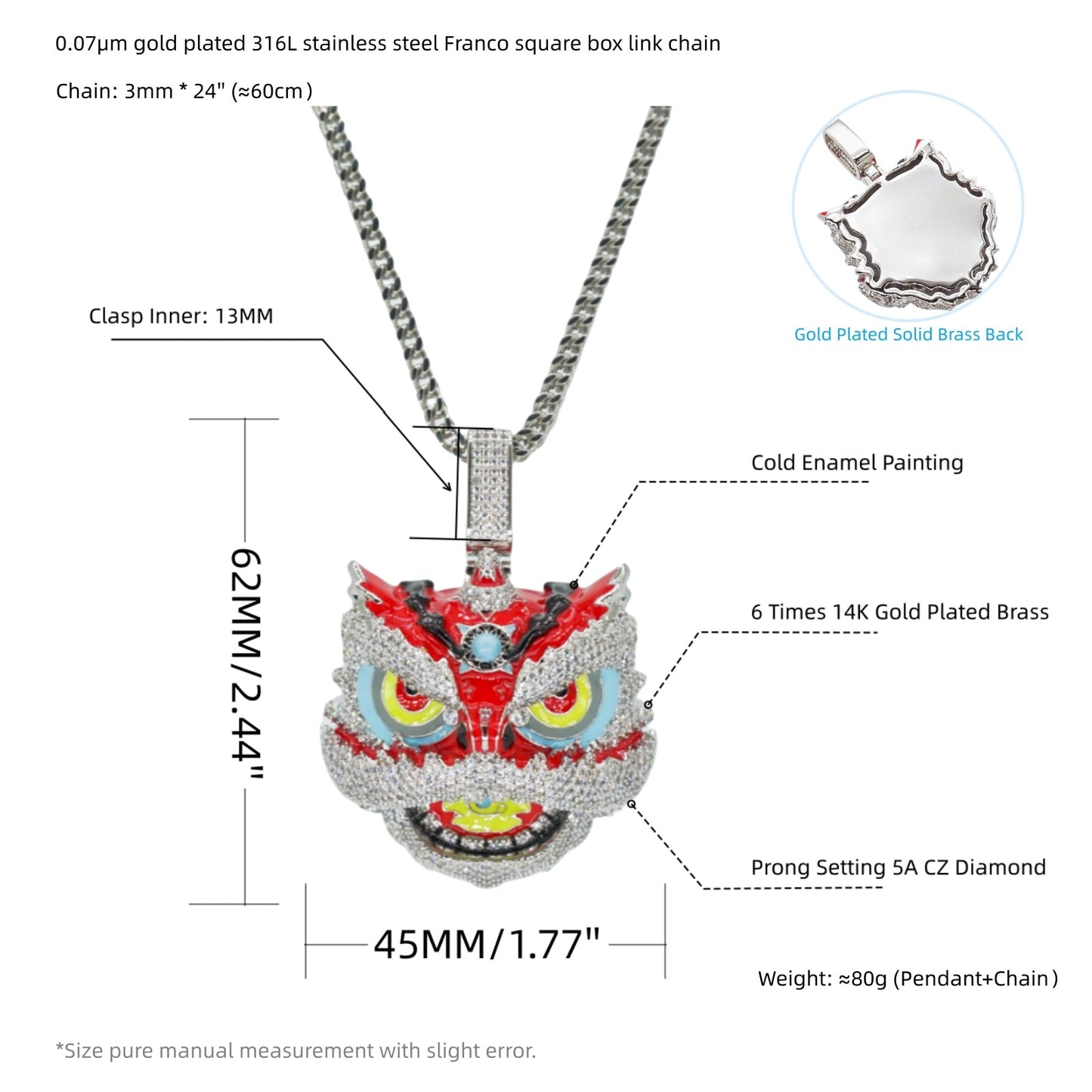 ICEDIAMOND 14K Iced Out Awake Lion CZ Diamond Pendant Franco Chain Necklace