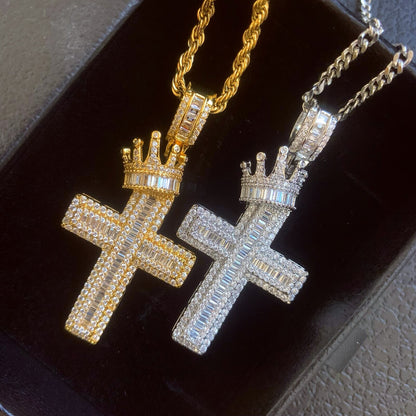 Close-up of STAND TALL crown cross pendant featuring hand-set cubic zirconia
