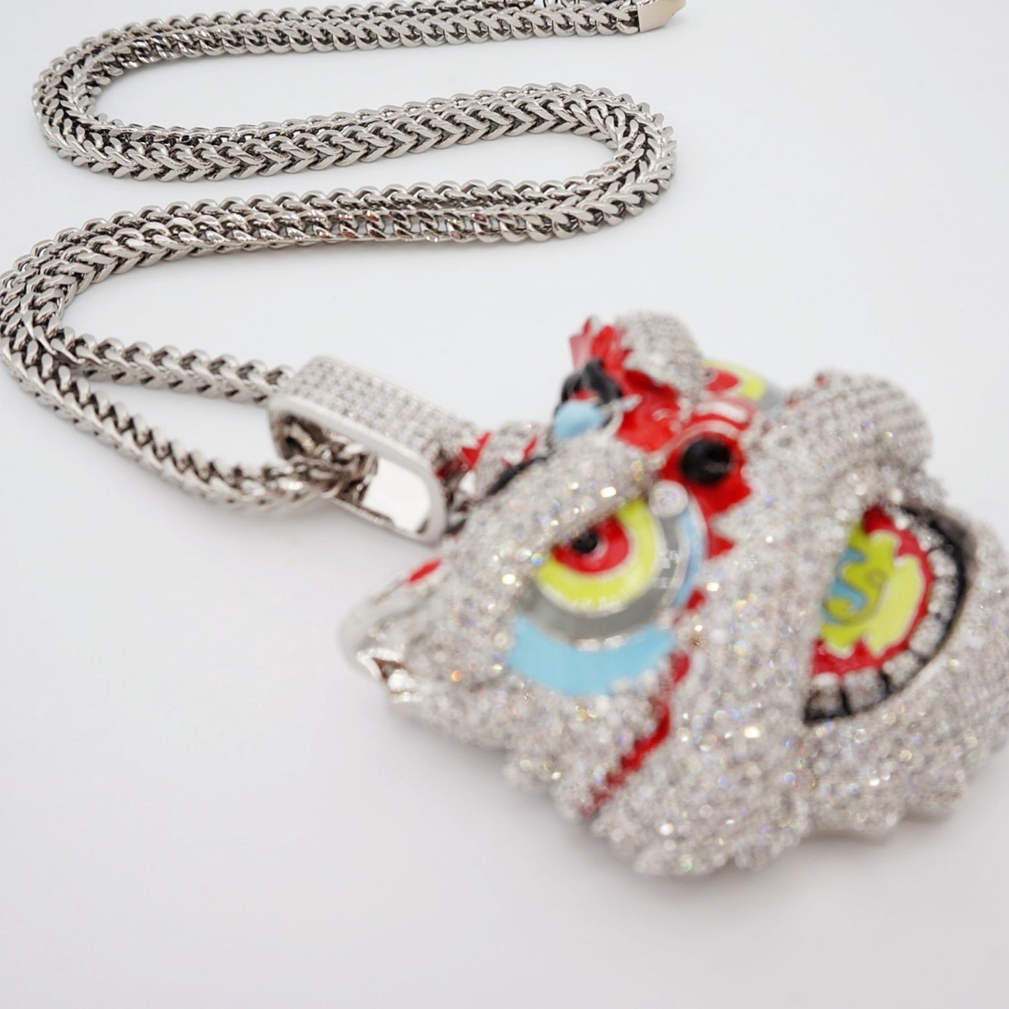 ICEDIAMOND 14K Iced Out Awake Lion CZ Diamond Pendant Franco Chain Necklace