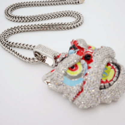 ICEDIAMOND 14K Iced Out Awake Lion CZ Diamond Pendant Franco Chain Necklace