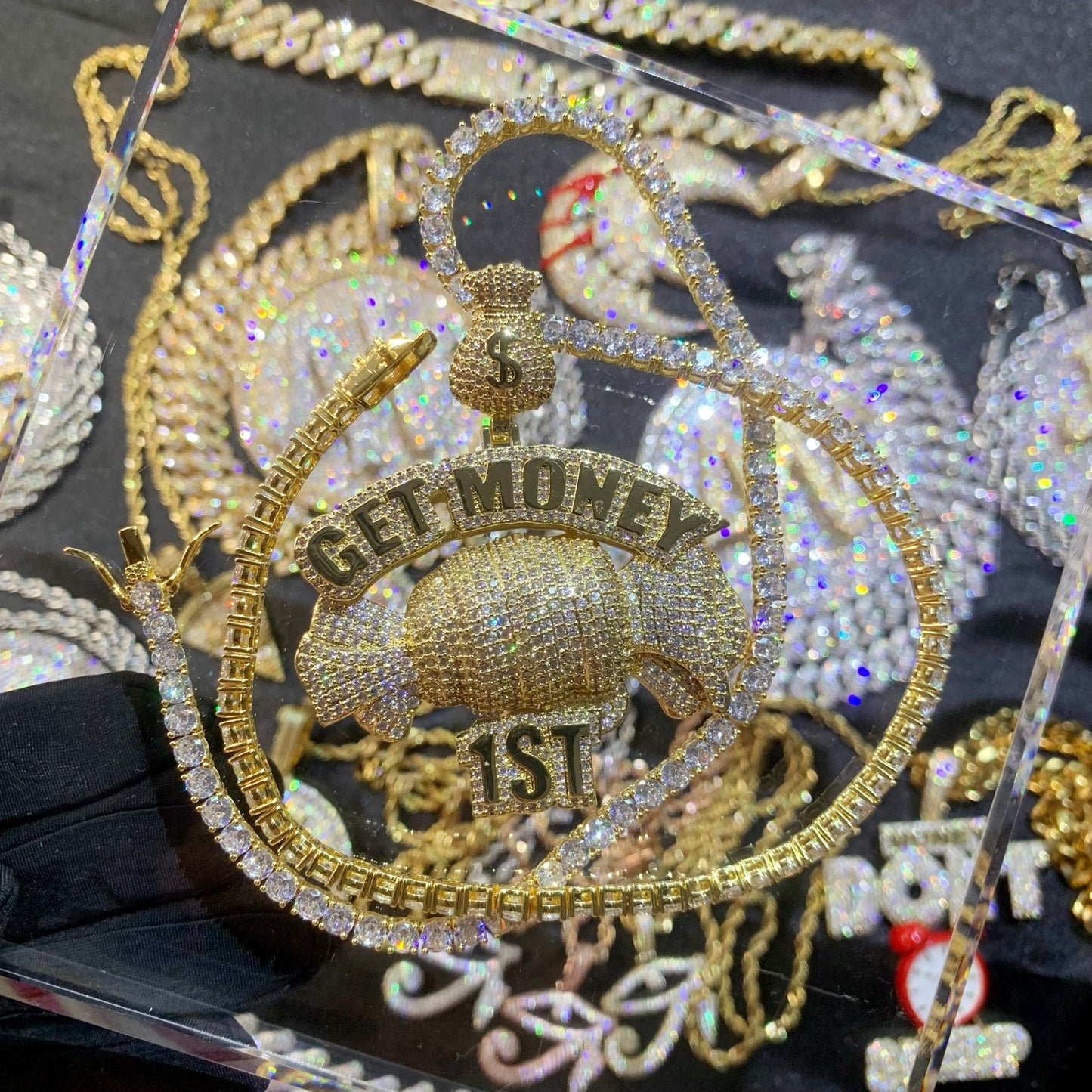 Iced Out Creative Get Money 1ST Inspiring Pendant Chain Necklace