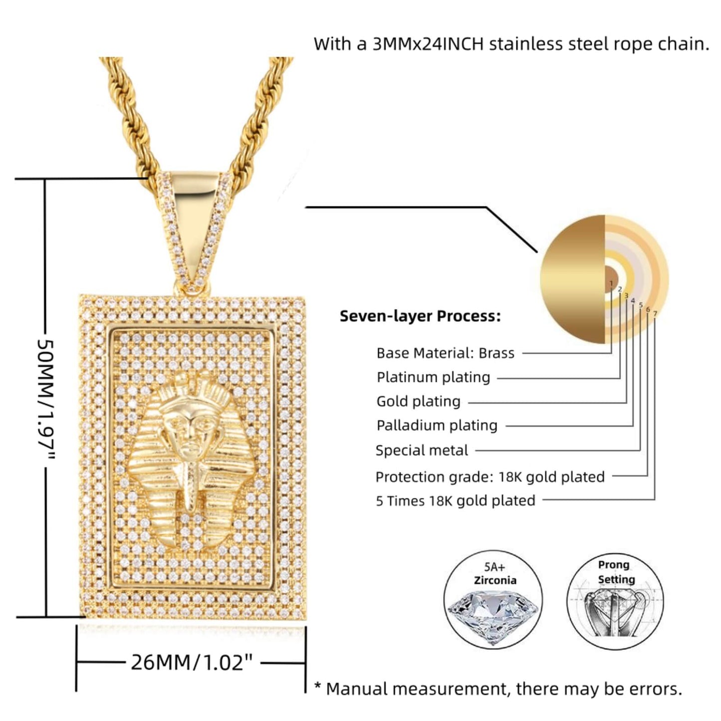 ICEDIAMOND Iced Out Pharaoh's Shield Charm Pendant Chain Necklace-18K Plating with Bling Zirconia Fashion Hip Hop Jewelry for Men