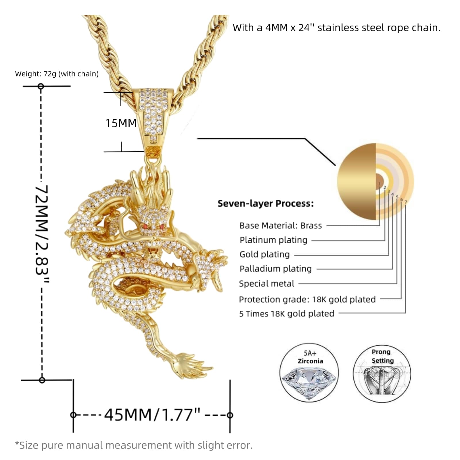 18k gold plating solid dragon pendant necklace