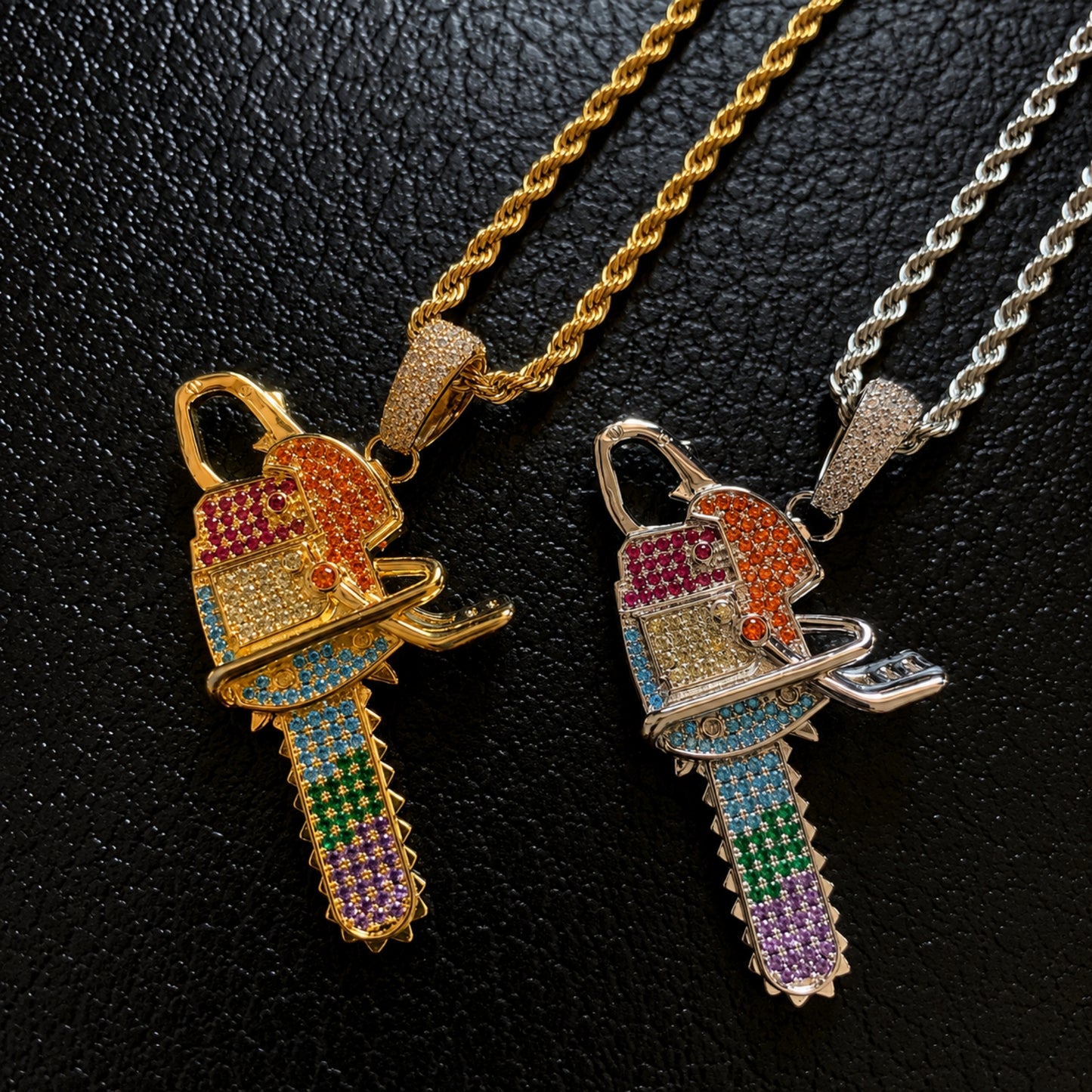 ICEDIAMOND Rainbow Chainsaw Pendant Necklace, Colorful Iced Out CZ Hip Hop Pendant with 24" Rope Chain, Gold Silver Streetwear Jewelry for Men Women
