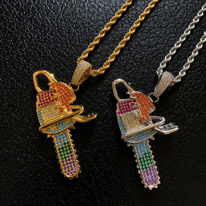 ICEDIAMOND Rainbow Chainsaw Pendant Necklace, Colorful Iced Out CZ Hip Hop Pendant with 24" Rope Chain, Gold Silver Streetwear Jewelry for Men Women
