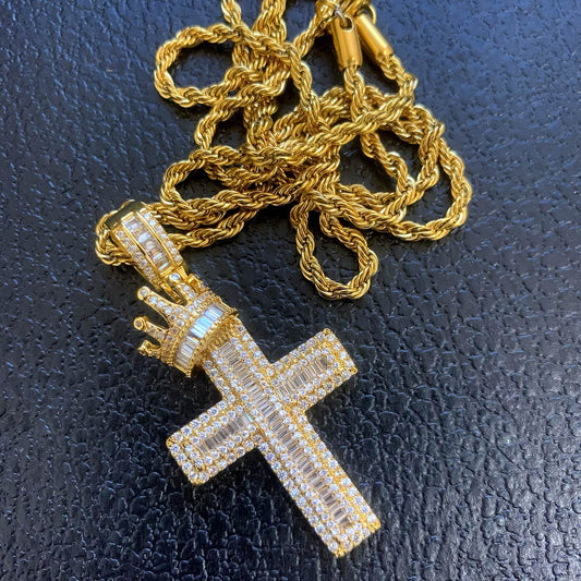 ICEDIAMOND STAND TALL crown cross pendant necklace with 14K gold plating and 3A CZ stones

