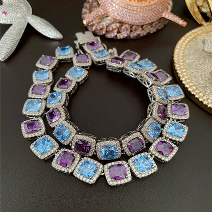 Iced Out Sparkling Dual Color Princess Cut CZ Diamond Tennis Chain Necklace