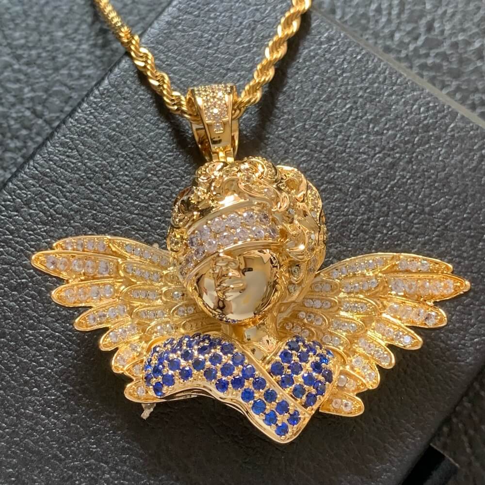 18k gold diamond angel pendant chain for men