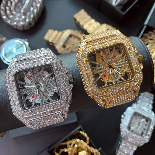 40mm Iced Out Square Tank Style Skeleton Openwork Quartz Watch