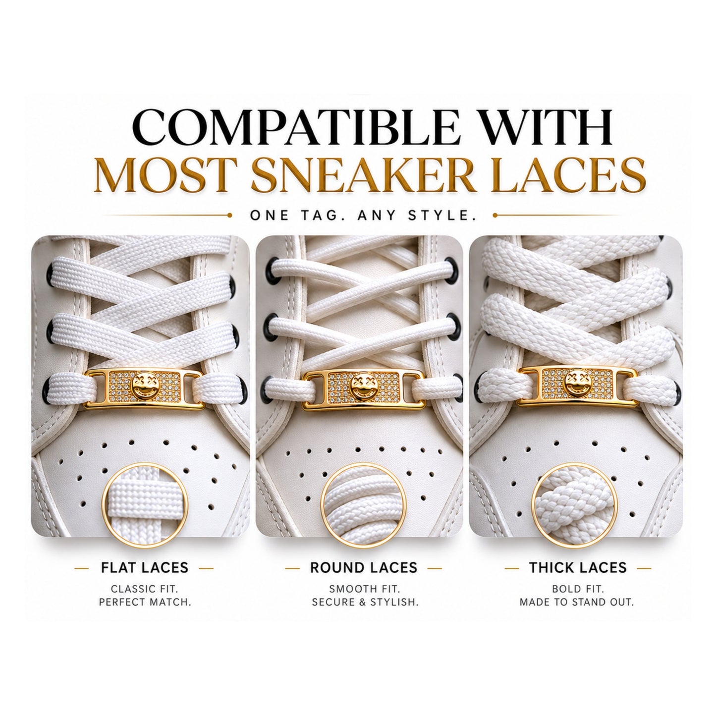 Suitable for various types of shoelaces; elevates the look of trendy sneakers.