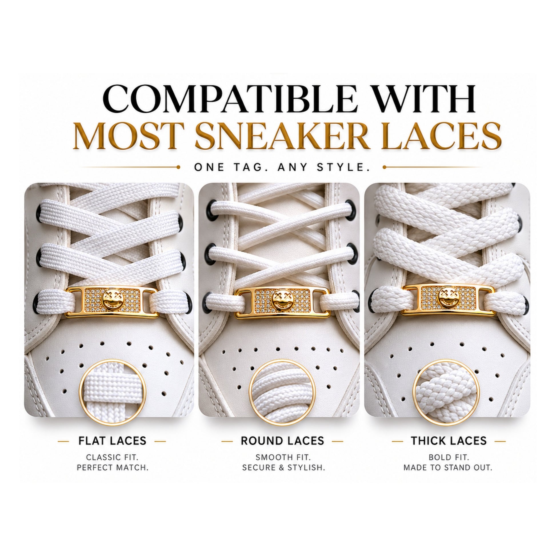 Suitable for various types of shoelaces; elevates the look of trendy sneakers.