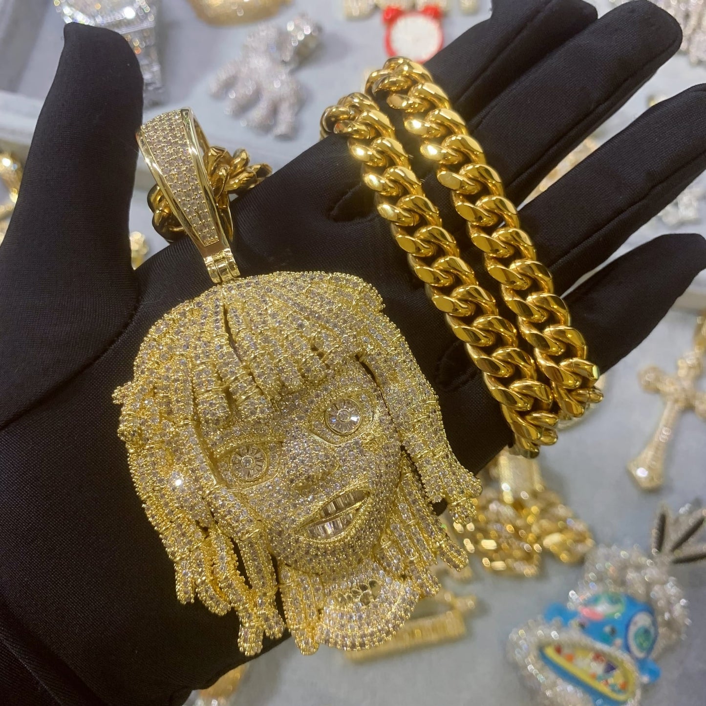 18K Dreadlocks Reggae Rapper CZ Diamond Pendant Cuban Chain Necklace