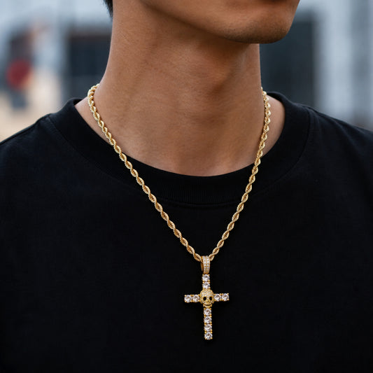14K Gold Plating Iced Bling Skull Cross Iced Out Pendant with Rope Chain Necklace