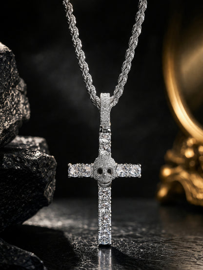 14K Gold Plating Iced Bling Skull Cross Iced Out Pendant with Rope Chain Necklace
