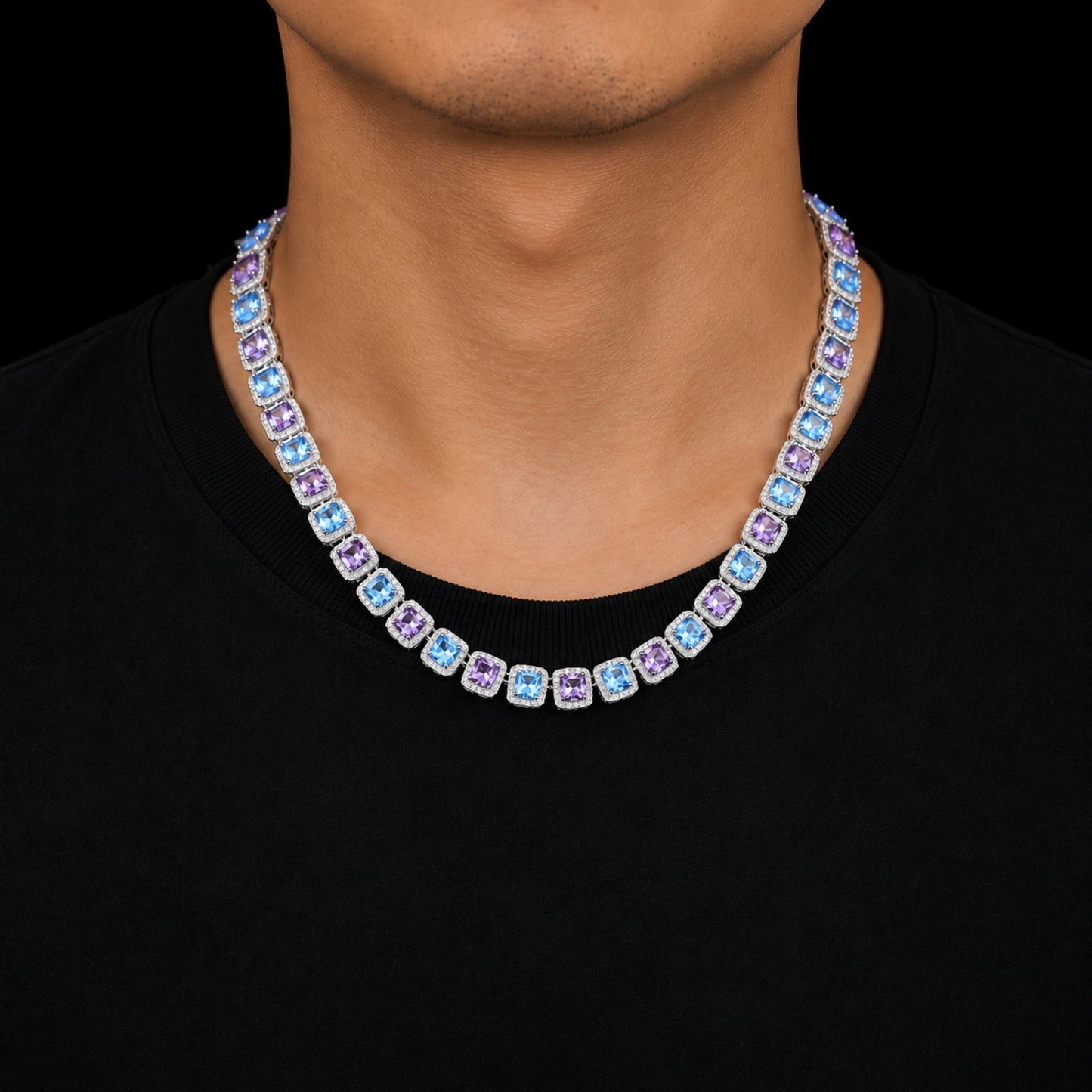 BLUE HOUR | Dual-Color Princess Cut Tennis Chain Necklace