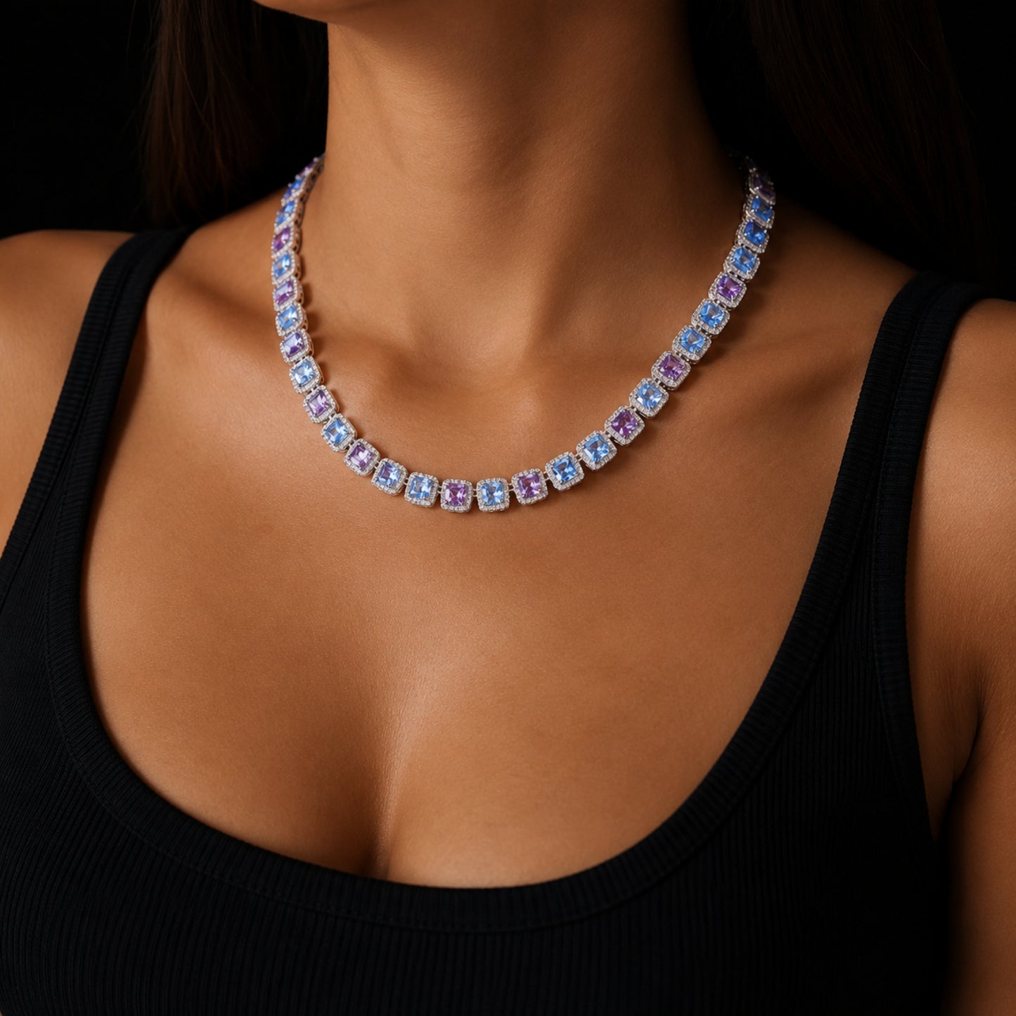 BLUE HOUR | Dual-Color Princess Cut Tennis Chain Necklace