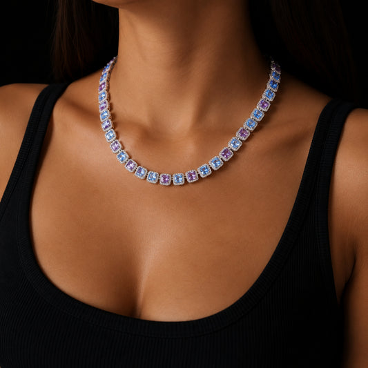BLUE HOUR | Dual-Color Princess Cut Tennis Chain Necklace