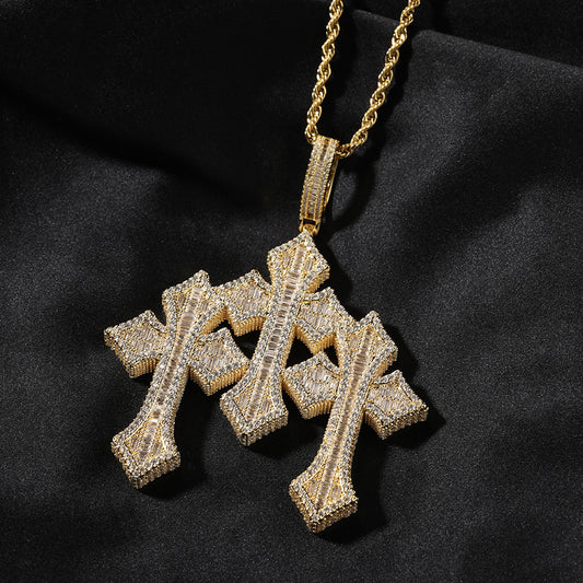 14K Triple-Cross Iced Out Pendant Chain Necklace