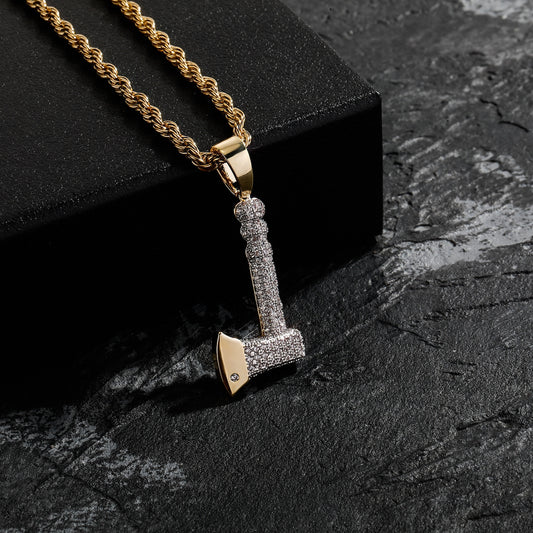 14K Iced Out Shine Diamond Mini Axe Pendant Necklace