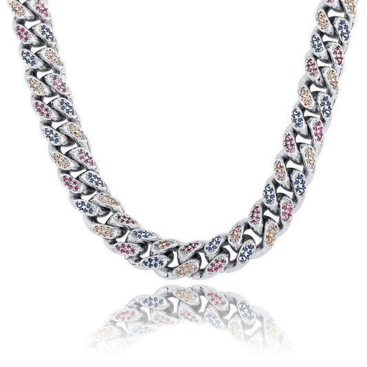 18K Iced Out 14MM Colorful CZ Diamond Cuban Chain Necklace