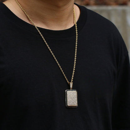 Iced Out Rectangular Dog Tag Pendant Necklace | 18K Gold Plated Hip Hop Jewelry