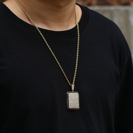 Iced Out Rectangular Dog Tag Pendant Necklace | 18K Gold Plated Hip Hop Jewelry
