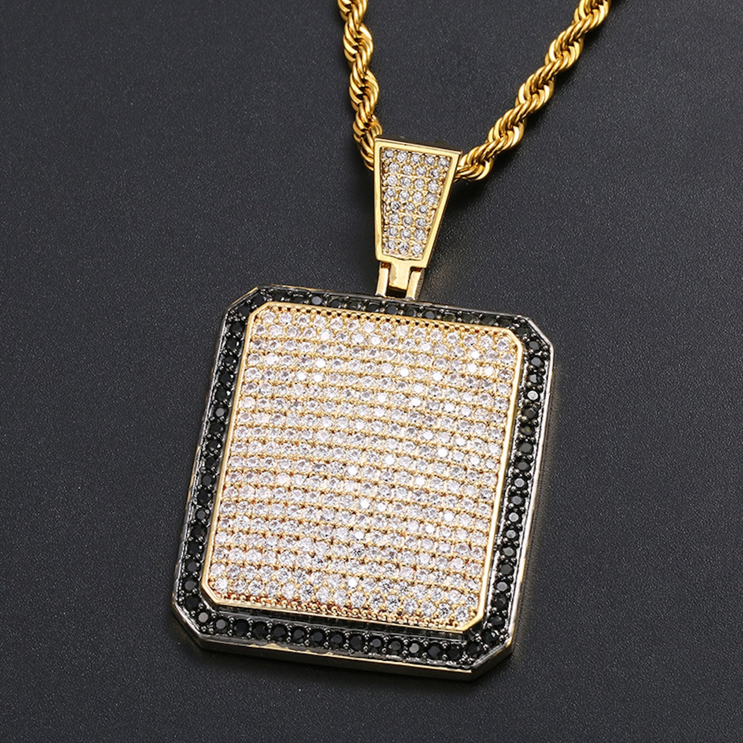 Iced Out Rectangular Dog Tag Pendant Necklace | 18K Gold Plated Hip Hop Jewelry