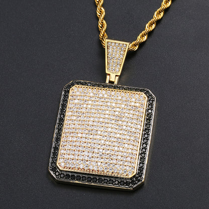 Iced Out Rectangular Dog Tag Pendant Necklace | 18K Gold Plated Hip Hop Jewelry