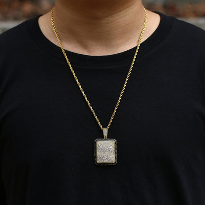 Iced Out Rectangular Dog Tag Pendant Necklace | 18K Gold Plated Hip Hop Jewelry