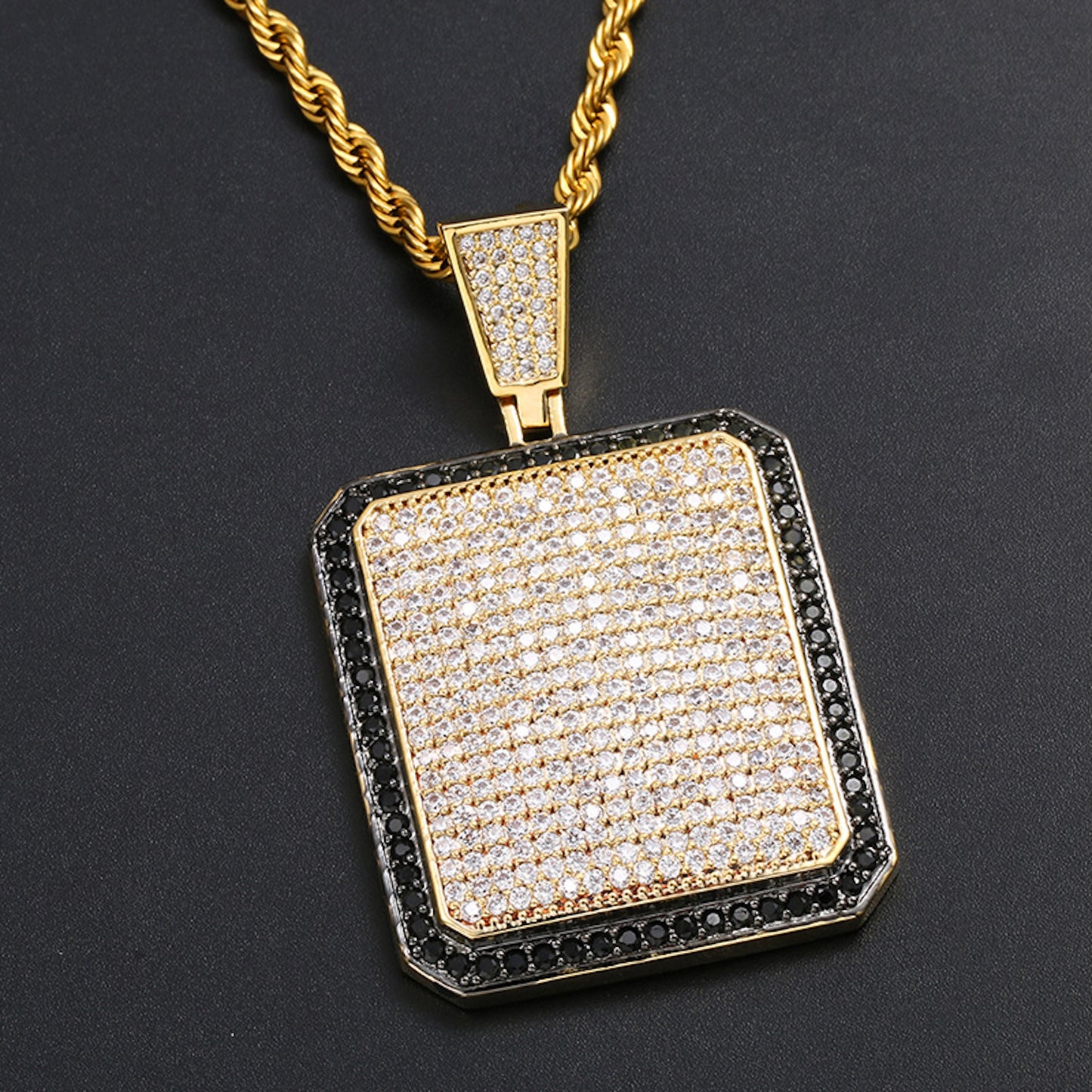 Iced Out Rectangular Dog Tag Pendant Necklace | 18K Gold Plated Hip Hop Jewelry
