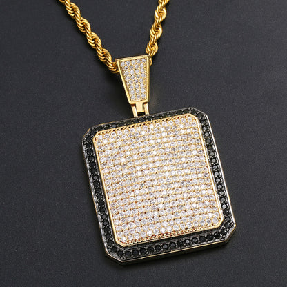 Iced Out Rectangular Dog Tag Pendant Necklace | 18K Gold Plated Hip Hop Jewelry