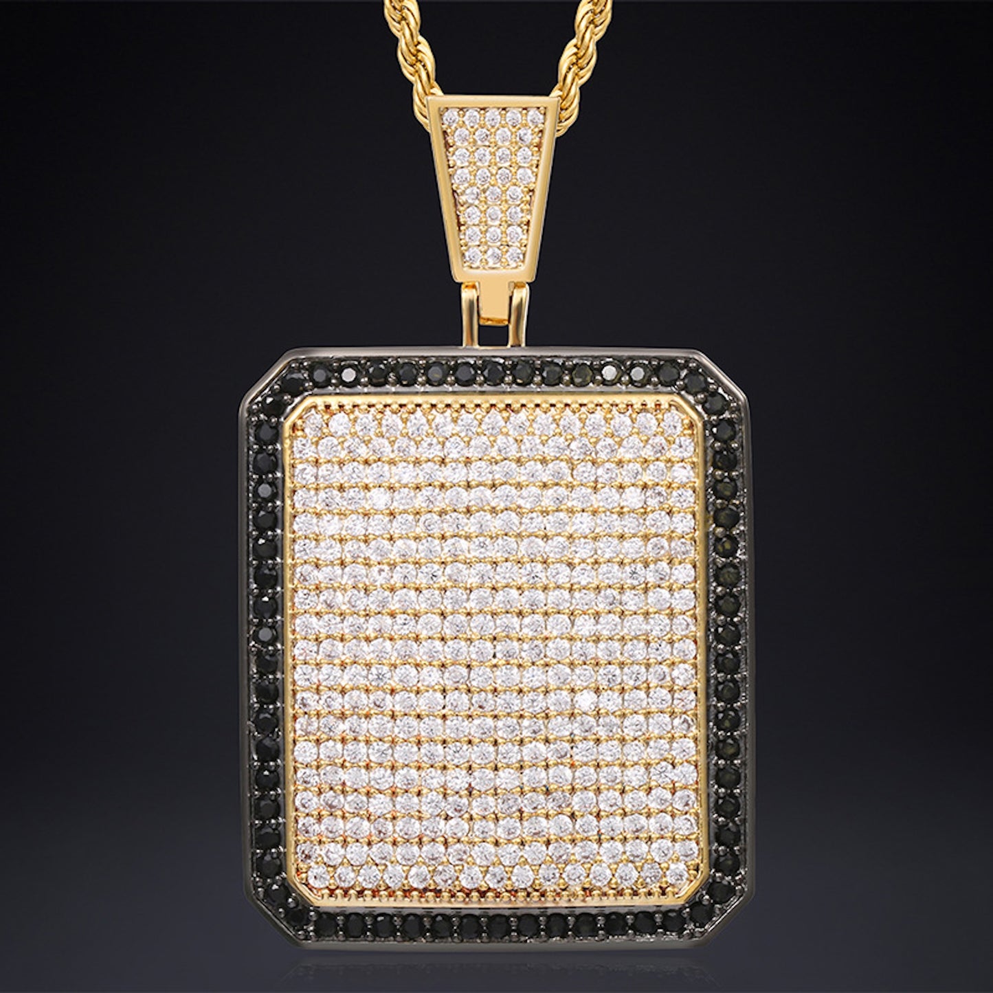 Iced Out Rectangular Dog Tag Pendant Necklace | 18K Gold Plated Hip Hop Jewelry
