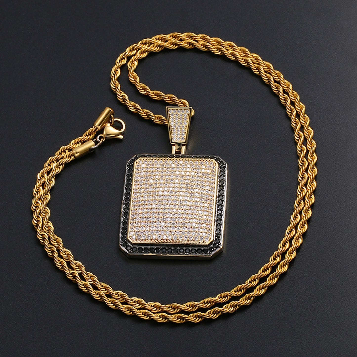 Iced Out Rectangular Dog Tag Pendant Necklace | 18K Gold Plated Hip Hop Jewelry