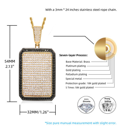 Iced Out Rectangular Dog Tag Pendant Necklace | 18K Gold Plated Hip Hop Jewelry