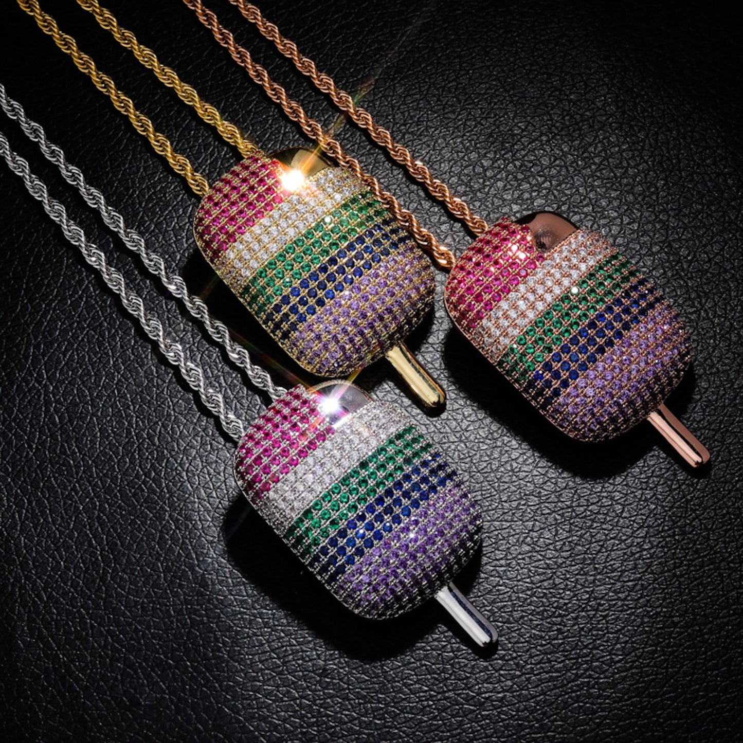Rainbow Popsicle Pendant Necklace – Colorful CZ Hip Hop Jewelry for Men & Women