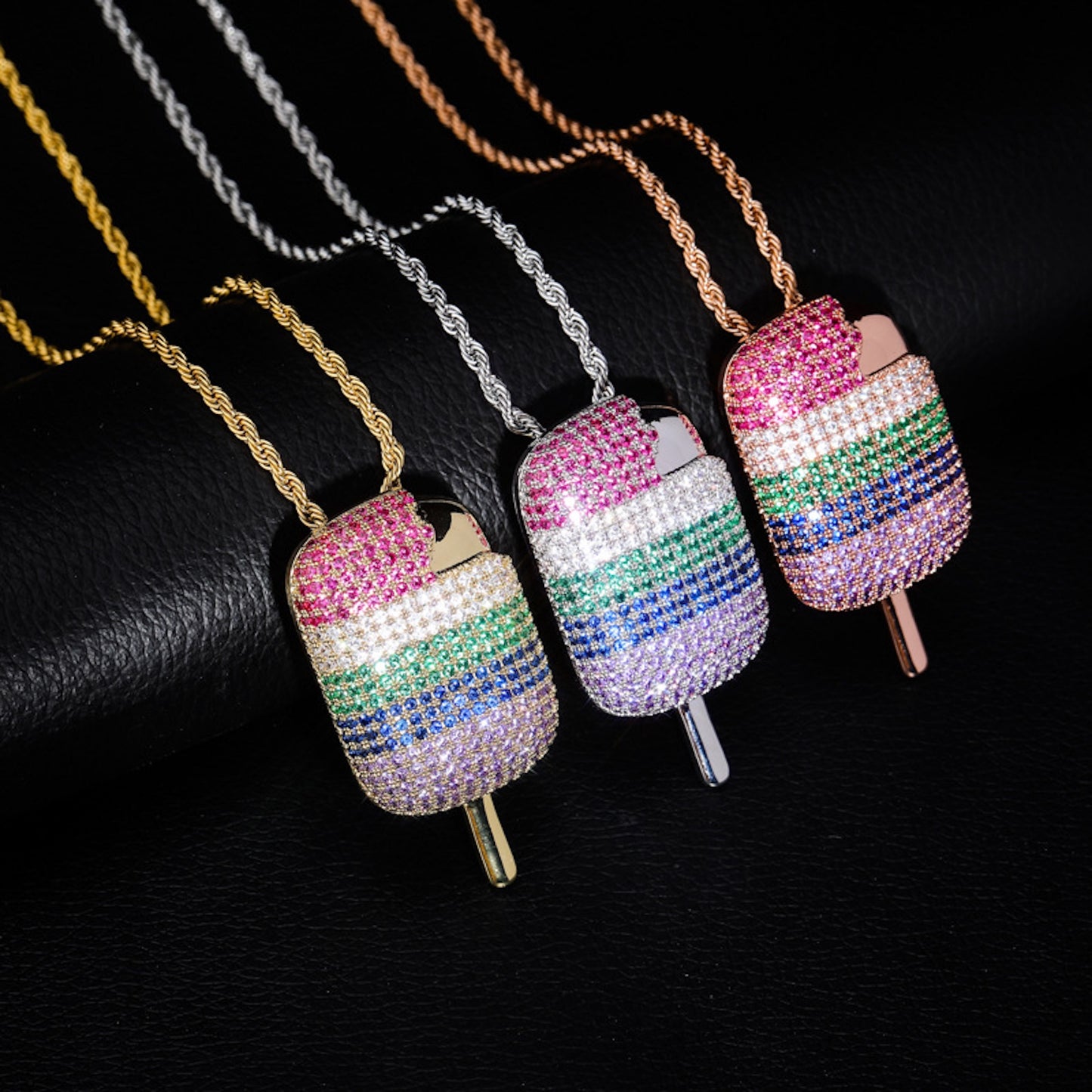 Rainbow Popsicle Pendant Necklace – Colorful CZ Hip Hop Jewelry for Men & Women